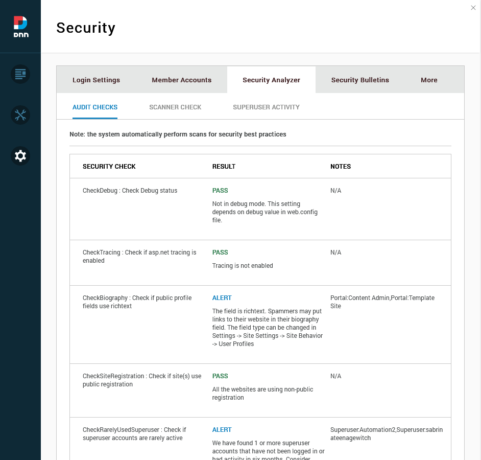 screenshot of Security Audits page in the DNN Persona Bar screenshot of Security Audits page in the DNN Persona Bar