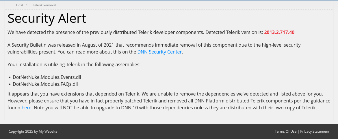 screenshot of Security Alert during upgrade of a site using Telerik components screenshot of Security Alert during upgrade of a site using Telerik components