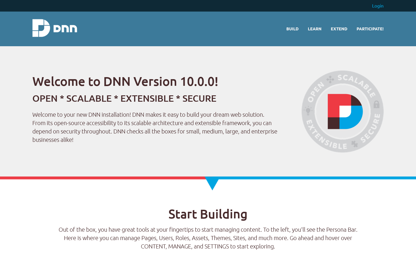 Welcome screenshot of new DNN 10 install