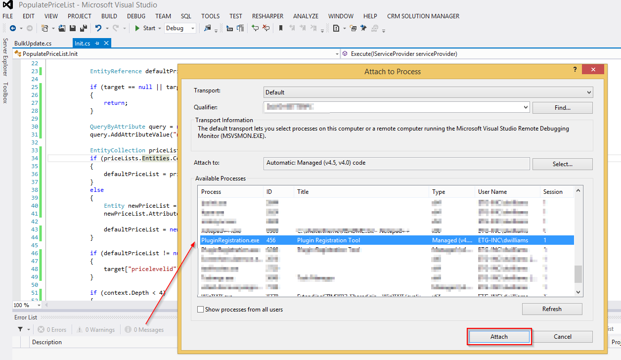 attach visual studio to plugin registration tool process screenshot