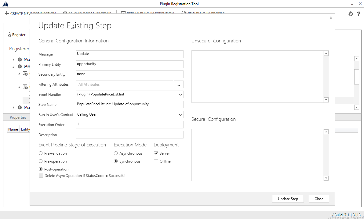 plugin registration tool update existing step screenshot