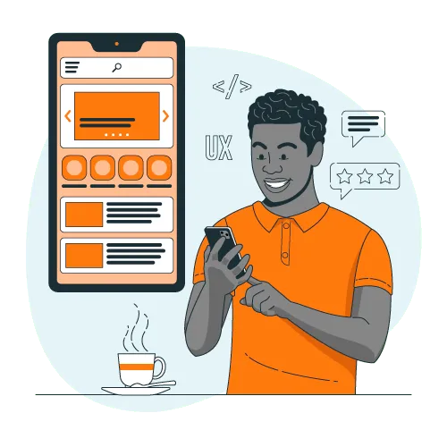 Illustration of a man using his smartphone, with a steaming cup of coffee beside him, immersed in his digital activity.