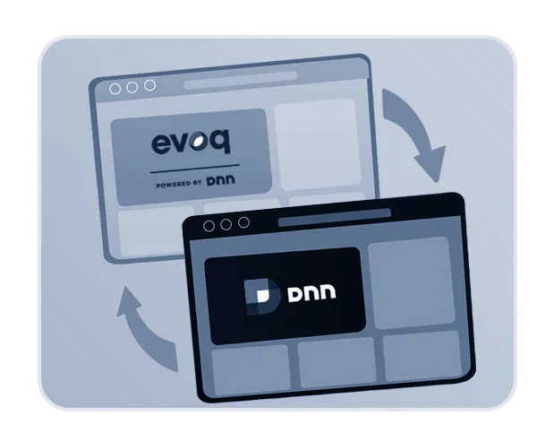 flat graphic showing two website screen mocks, one with evoq logo, the other with DNN logo, with arrows indicating a switch