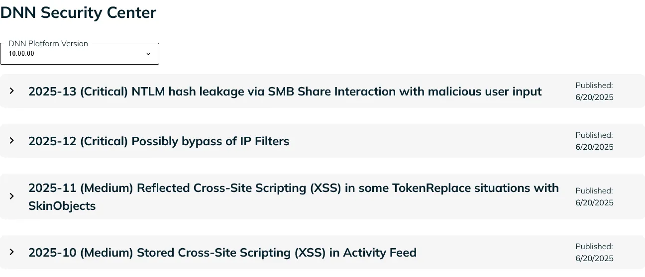 screenshot of DNN Security Center showing known vulnerabilities in DNN 10.0.0