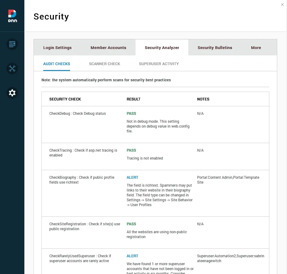 screenshot of Security Audits page in the DNN Persona Bar