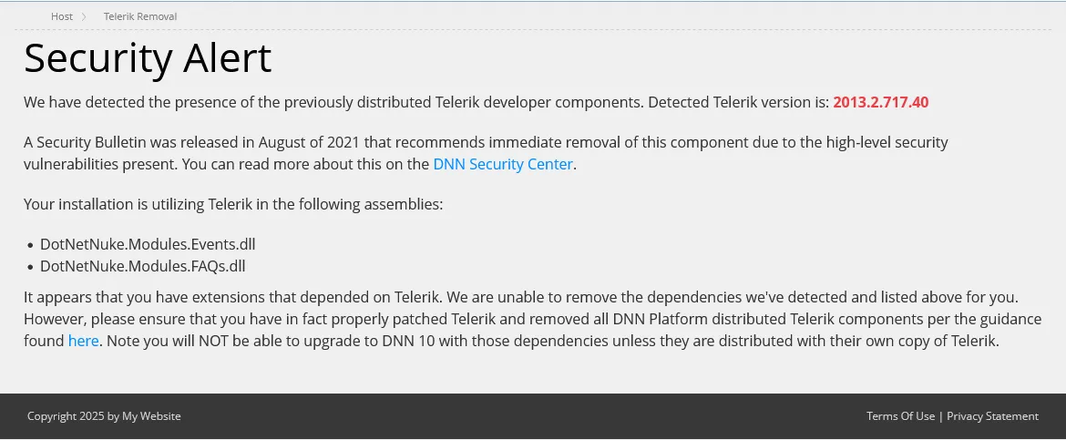 screenshot of Security Alert during upgrade of a site using Telerik components