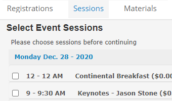 AMS Event Registration Session Signup