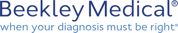 Beekly Medical text in blue with light blue tagline underneath reading "When your diagnosis must be right"